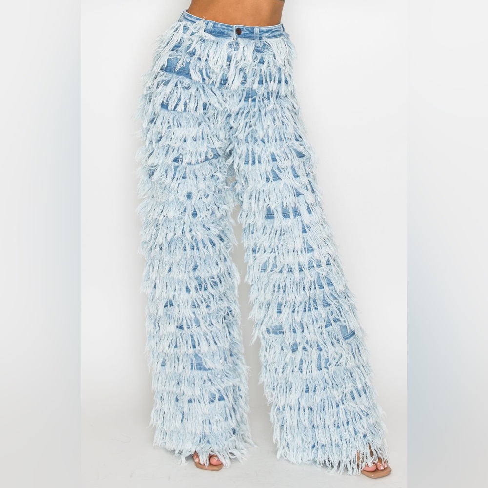 Aphrodite Dual Layer Fringed Denim Shaggy Wide Leg Chewbacca Jeans